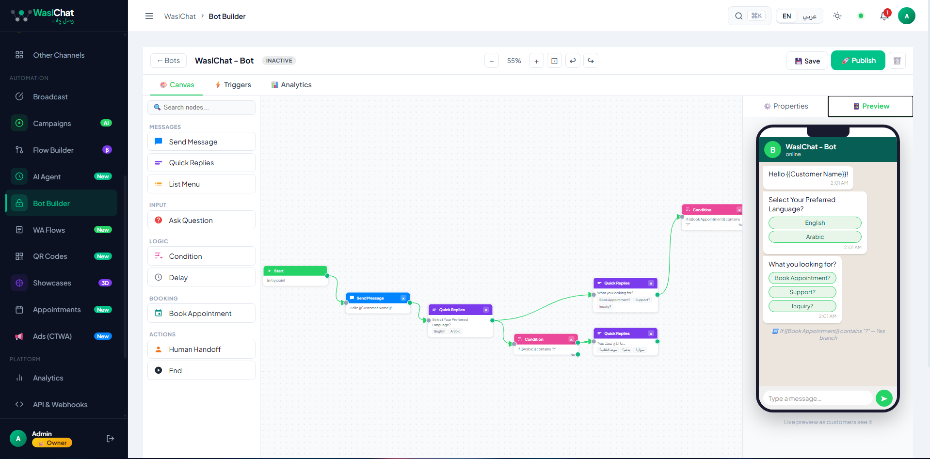 Bot Builder — drag-and-drop flow canvas with live WhatsApp preview